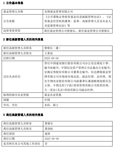 先锋基金高管变更：黄劲松退休离任(😨) 董事长兼任督察长职务